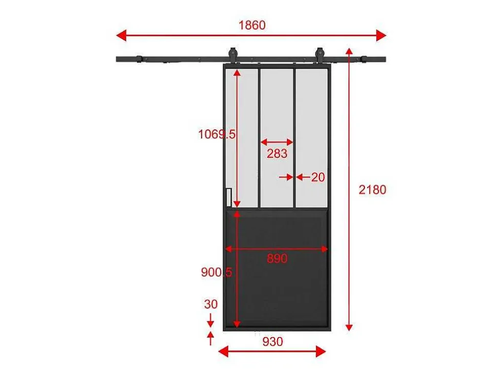 Schuifdeur Werkplaatsstijl Met Rails - Zwart En Mat Gehard Glas - H205 Cm X L93 Cm - Artisto Ii