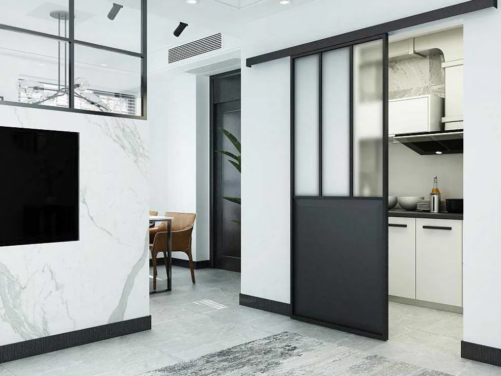 Schuifdeur Werkplaatsstijl - Zwart En Mat Gehard Glas - H205 X B73 Cm - Artisto