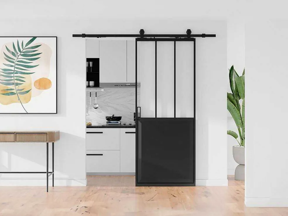 Schuifdeur Werkplaatsstijl Met Rails - Zwart En Mat Gehard Glas - H205 Cm X B83 Cm - Artisto Ii