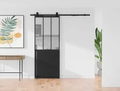 Schuifdeur Werkplaatsstijl Met Rails - Zwart En Mat Gehard Glas - H205 Cm X B83 Cm - Artisto Ii