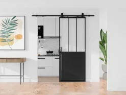 Schuifdeur Werkplaatsstijl Met Rails - Zwart En Mat Gehard Glas - H205 Cm X L63 Cm - Artisto Ii