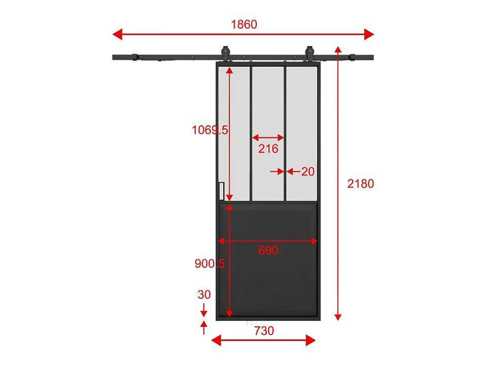 Schuifdeur Werkplaatsstijl Met Rails - Zwart En Mat Gehard Glas - H205 Cm X L73 Cm - Artisto Ii