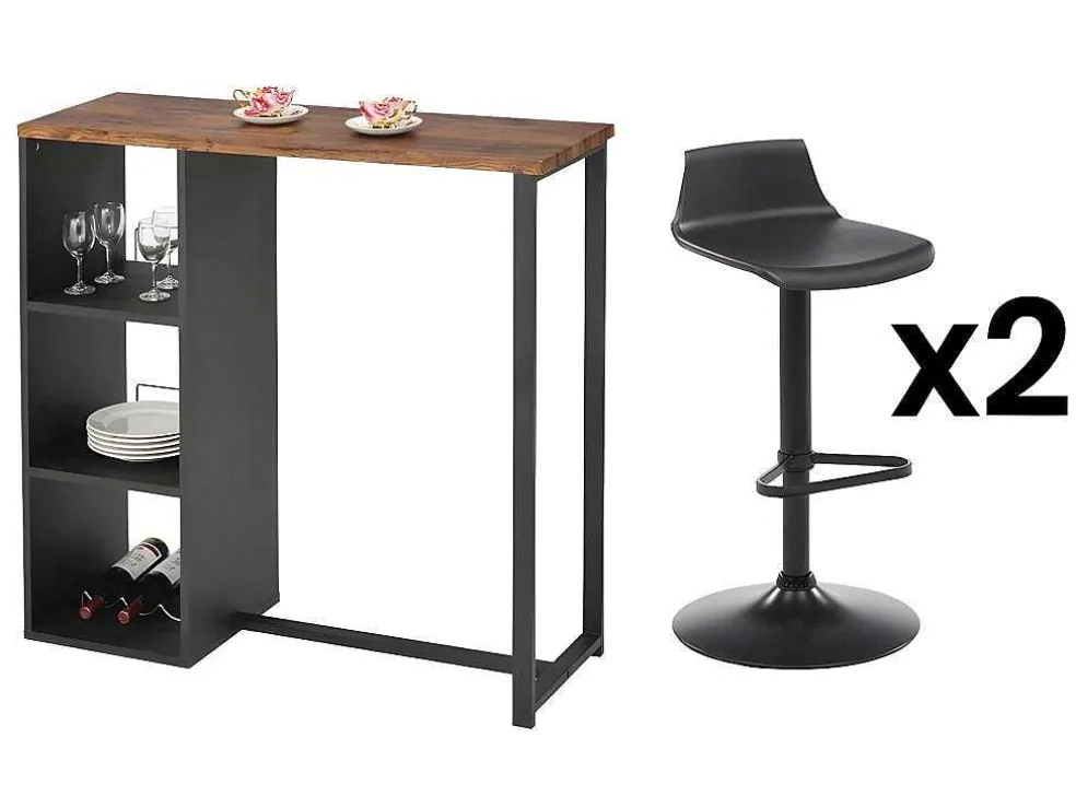 Set "Bar": Barmeubel Morena + 2 Barkrukken Calas - Zwart En Notenhout-Effect
