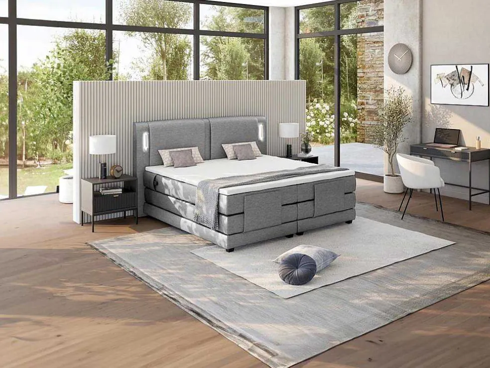Set Boxspring + Hoofdbord Met Ledlampjes + Elektrische Relaxbedbodems + Matras + Topmatras - 2 X 80 X 200 Cm - Grijze Stof - Astemi Van Palacio
