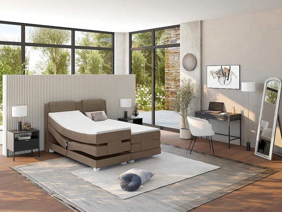 Set Boxspring Hoofdbord + Elektrische Bedbodem + Matras + Topmatras Castel Van Palacio - 2X90X200Cm - Beige Stof