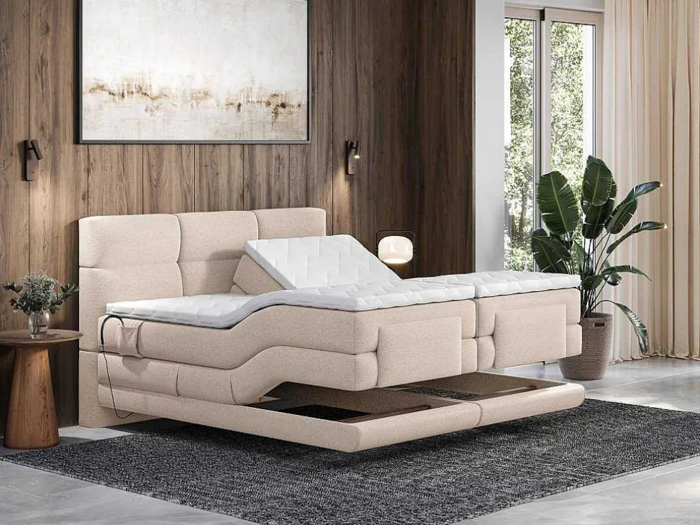 Set Boxspringbed Met Hoofdbord Met Capitons + Elektrische Relaxbedbodems + Matras + Dekmatras - 2 X 80 X 200 Cm - Beige - Lodi Van Palacio