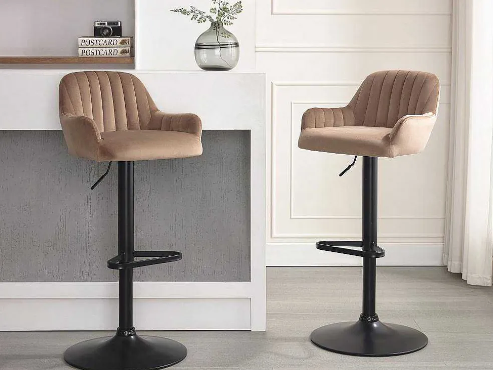 Set Van 2 Barkruk Van Velours En Zwart Metaal - Verstelbare Hoogte - Beige - Eleana