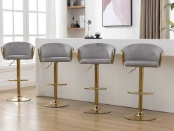 Set Van 4 Barkrukken - In Hoogte Verstelbaar - Fluweel - Grijs En Goud Metaal