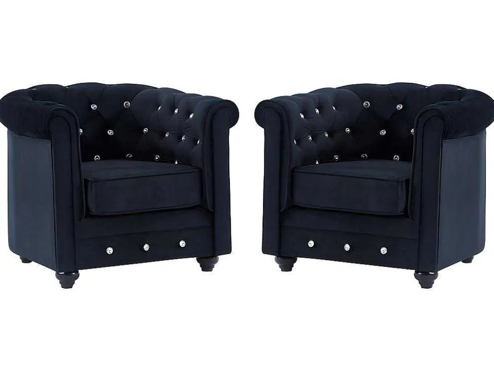 Set Van 2 Fauteuils Chesterfield - Fluweel - Zwart Met Kristallen Knopen