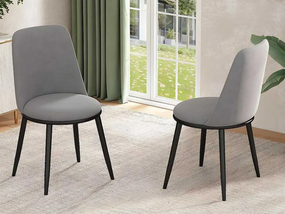 Set Van 2 Fluwelen Gestoffeerde Stoelen Met Rugleuning - Zwart Metalen Structuur - Grijs