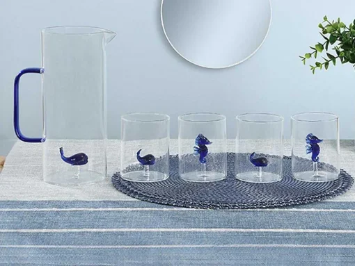 Set Van 4 Glazen Met Walvissen En Zeepaardjes - Transparant En Blauw - O7,5 X H9,5 Cm - Parasa