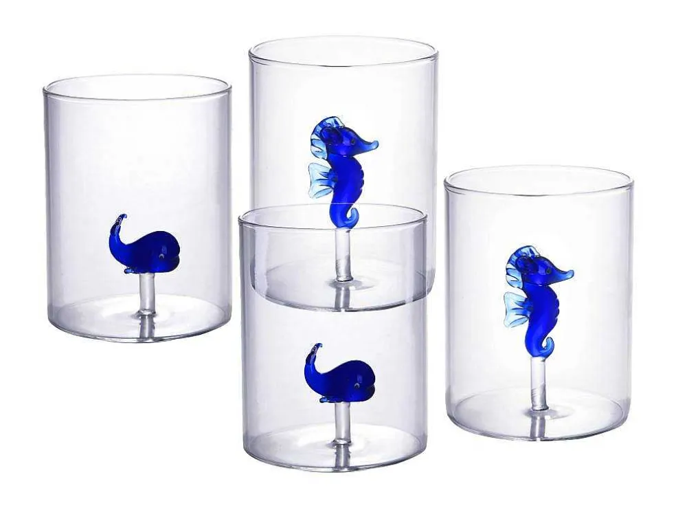 Set Van 4 Glazen Met Walvissen En Zeepaardjes - Transparant En Blauw - O7,5 X H9,5 Cm - Parasa