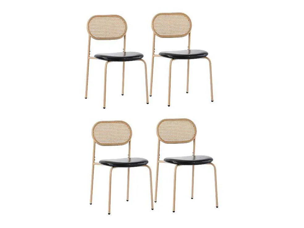 Set Van 4 Kunstleer En Rotan Stoelen - Metalen Poten - Zwart