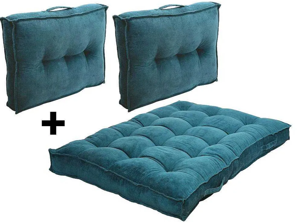 Set Van 1 Matras + 2 Palletkussens Van Ribfluweel - Blauw - Baila