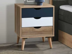 Set Van 2 Nachtkastjes 3 Lades - Kleur: Naturel, Wit En Marineblauw - Lurvia