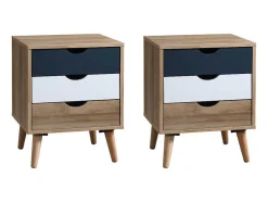 Set Van 2 Nachtkastjes 3 Lades - Kleur: Naturel, Wit En Marineblauw - Lurvia