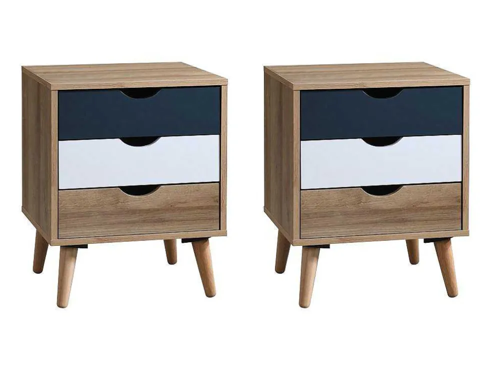 Set Van 2 Nachtkastjes 3 Lades - Kleur: Naturel, Wit En Marineblauw - Lurvia