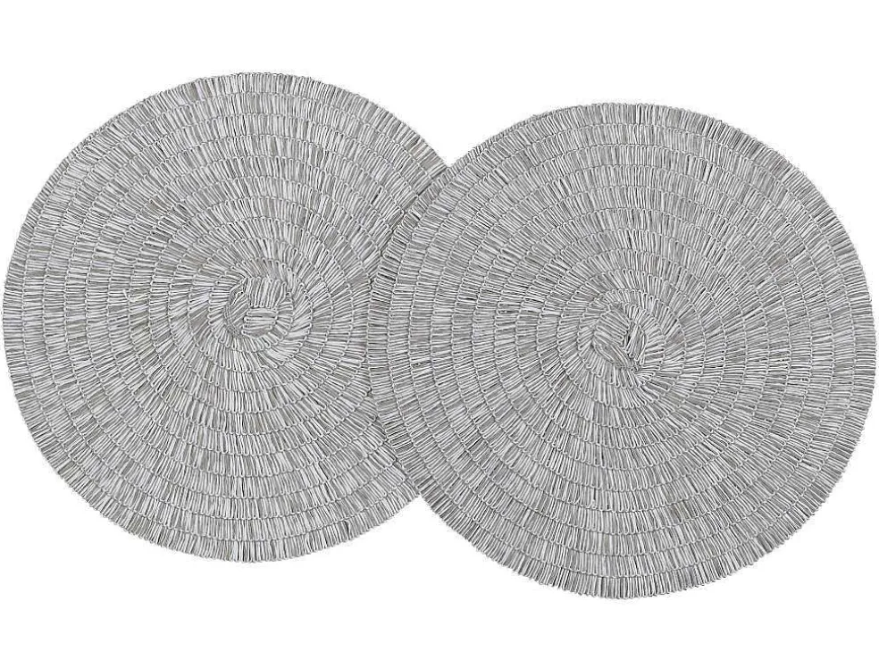 Set Van 6 Ronde Placemats Van Gevlochten Papier - Grijs En Wit - Fylat