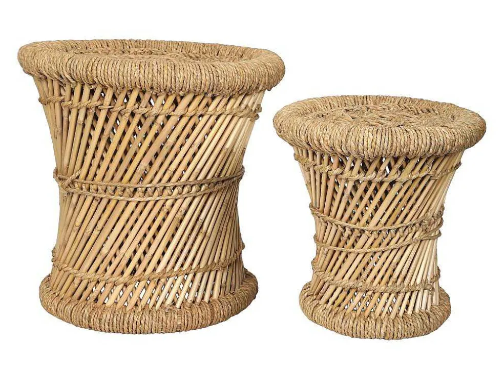 Set Van 2 Ronde Poefs Van Licht Naturelkleurig Rotan Mirtaka