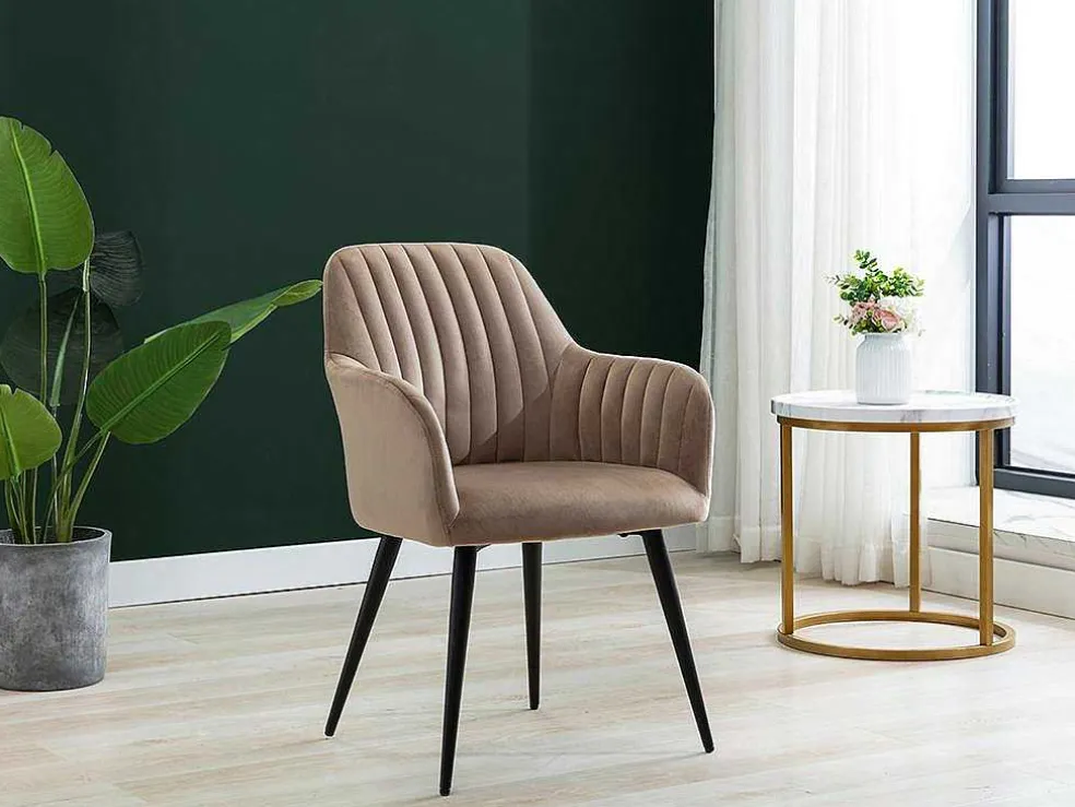 Set Van 2 Stoelen Met Armleuningen Eleana - Fluweel En Zwart Metaal - Beige
