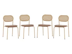 Set Van 4 Stoelen Van Kunstleer En Rotan - Metalen Poten - Bruin
