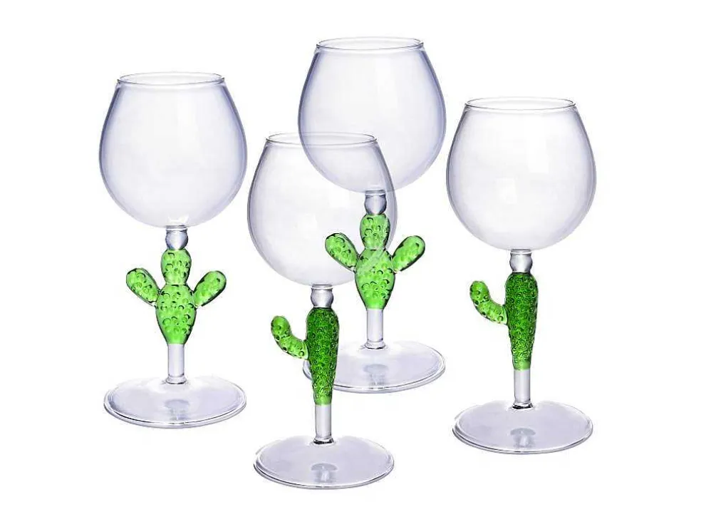 Set Van 4 Wijnglazen Met Cactusvoet - Transparant En Groen - O8,5 X H19,5 Cm - Gellif