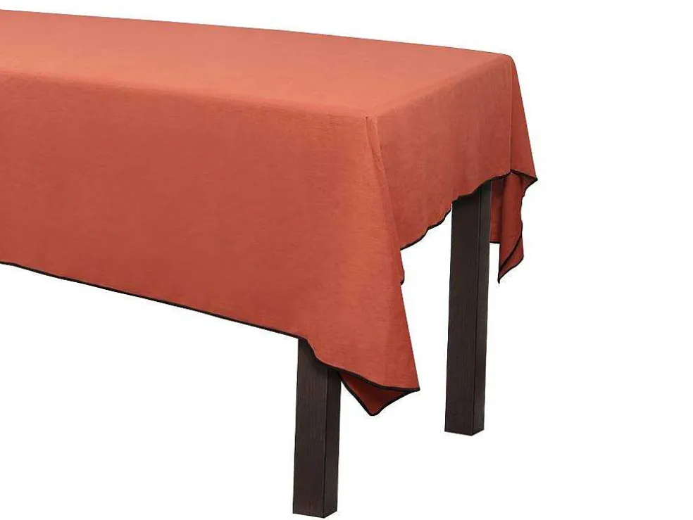 Set Van Tafellaken + 4 Servetten Van Linnen En Katoen - Zwarte Rand - Terracotta - 170 X 300 Cm - Borina