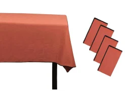 Set Van Tafellaken + 4 Servetten Van Linnen En Katoen - Zwarte Rand - Terracotta - 170 X 300 Cm - Borina