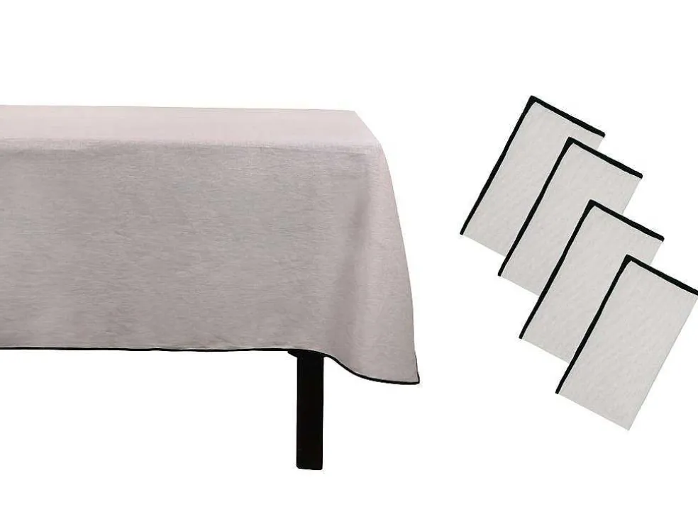 Set Van Tafellaken + 4 Servetten Van Linnen En Katoen - Zwarte Rand - Taupegrijs - 170 X 170 Cm - Borina