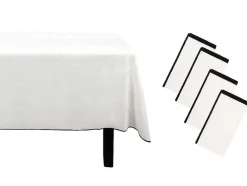 Set Van Tafellaken + 4 Servetten Van Linnen En Katoen - Zwarte Rand - Wit - 170 X 300 Cm - Borina