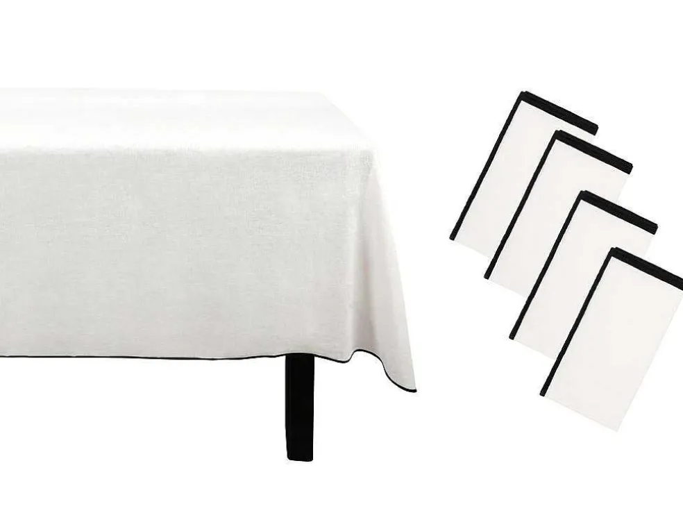 Set Van Tafellaken + 4 Servetten Van Linnen En Katoen - Zwarte Rand - Wit- 170 X 170 Cm - Borina