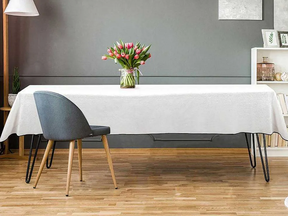 Set Van Tafellaken + 4 Servetten Van Linnen En Katoen - Zwarte Rand - Wit- 170 X 170 Cm - Borina
