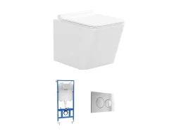 Set Voor Witte Hang-Wc Met Voorwandsysteem En Chroomkleurige Ronde Bedieningsplaat - Clemona