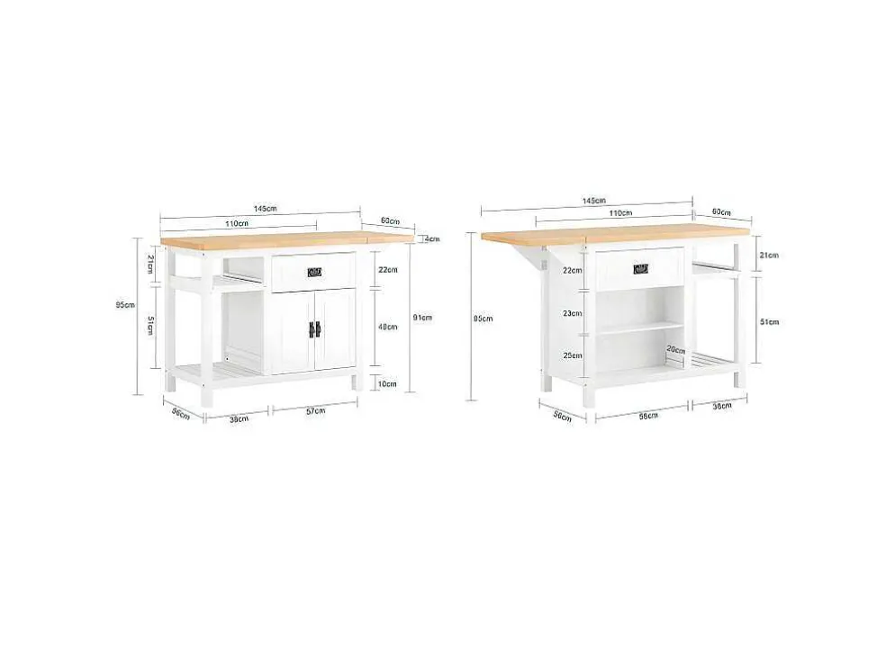 Sobuy Centraal Keukeneiland Met Uitschuifbaar Werkblad Van Rubberhout, 2 Deuren, 2 Lades En Opbergruimte, Opbergkast, Keukenkast, 110/145 X 60 X 95 Cm, Knl06-Wn