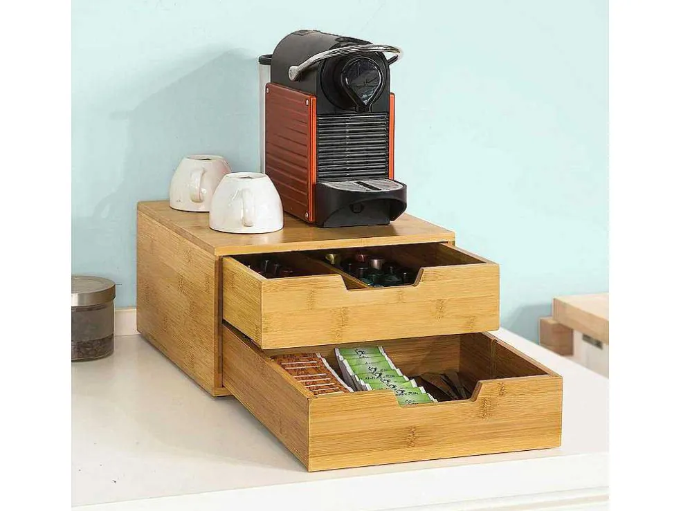 Sobuy Frg82-N Capsulehouder Met 2 Lades Duurzaam Bamboe Opberglade Koffiecapsule Houder Nespresso