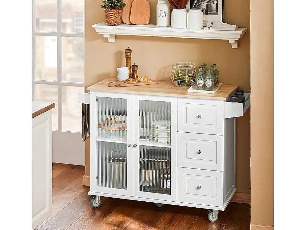 Sobuy Keukentrolley Op Wielen Keukeneiland Serveerwagen Buffetkast Keukenkast Met 3 Laden, 2 Deuren, Kruidenrek En Handdoekenrek, 128X46X92 Cm, Fkw120-Wn