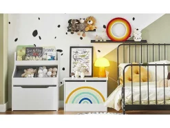 Sobuy Kmb70-W Speelgoedkist Voor Kinderen, Speelgoed Opbergdoos, Opbergkist Met Scharnierend Deksel, Regenboogdesign, Kinderboekenplank