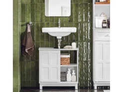 Sobuy Wastafelmeubel Badkamermeubel Wastafelopbergkast Met 2 Schuifdeuren Wit Lph 60 X 30 X 61 Cm Bzr142-W