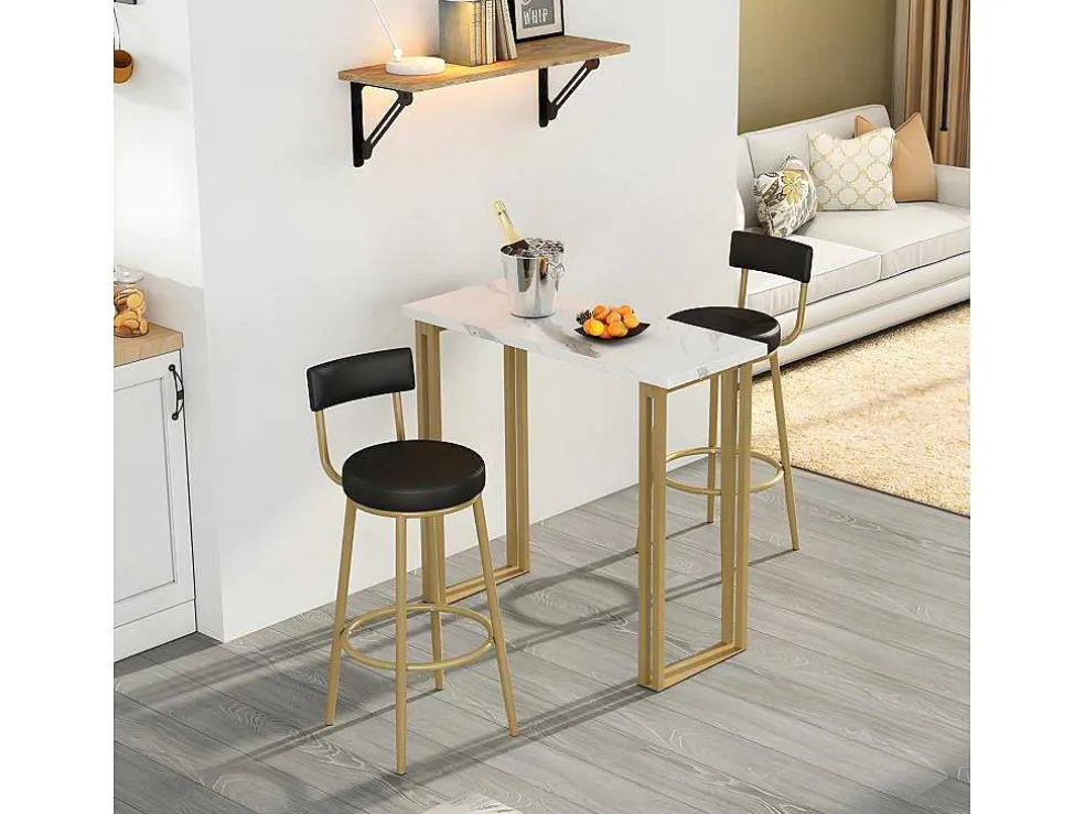 Staande Eettafel - 1 Tafel En 2 Krukken - Rechthoekige Tafel - Zwart & Goud