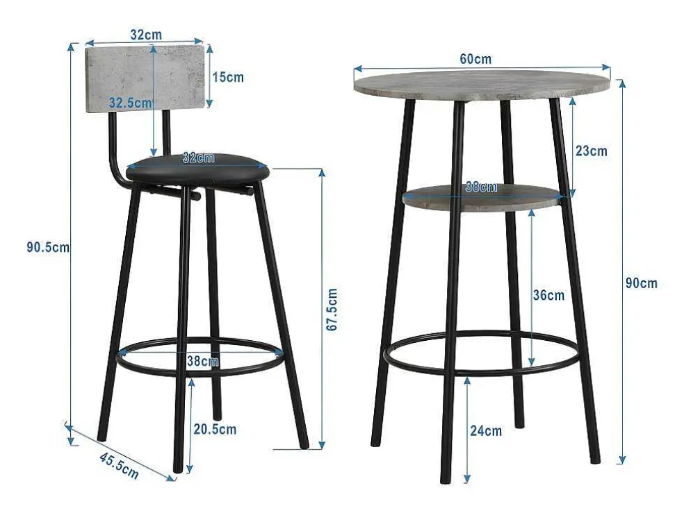 Staande Eettafel - 1 Tafel En 2 Krukken - Ronde Tafel Met Opbergplank - Zwart & Grijs