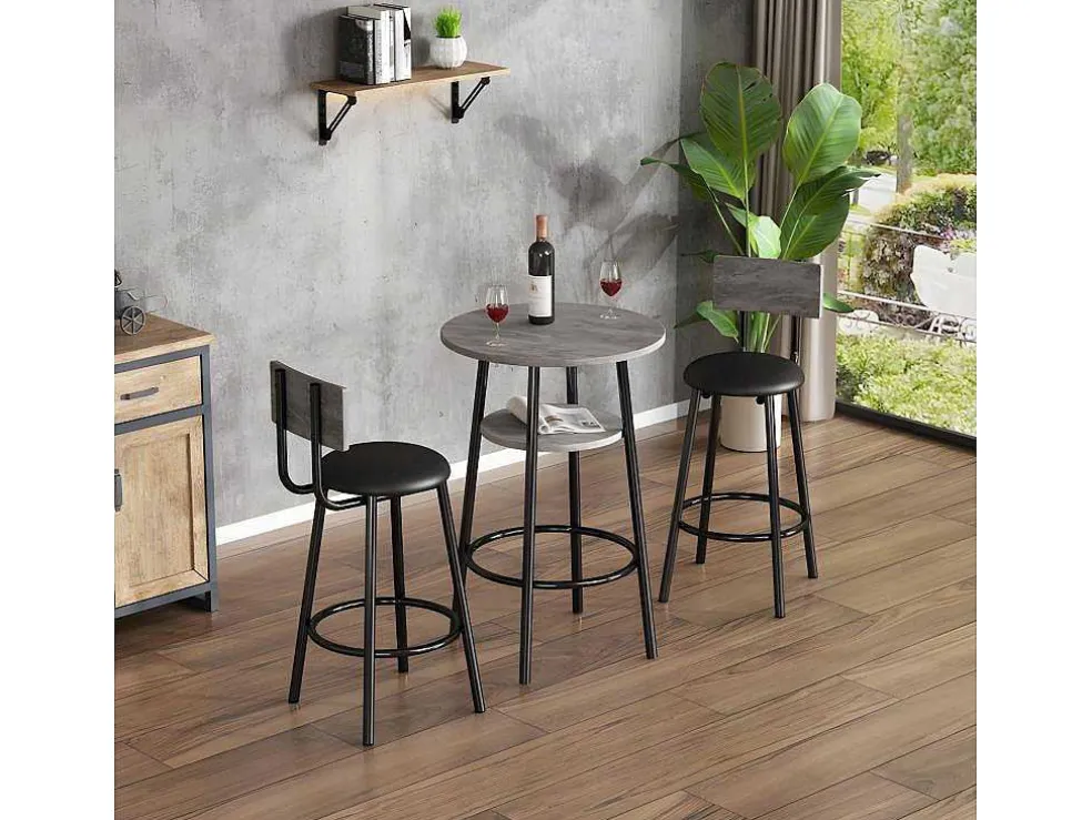Staande Eettafel - 1 Tafel En 2 Krukken - Ronde Tafel Met Opbergplank - Zwart & Grijs