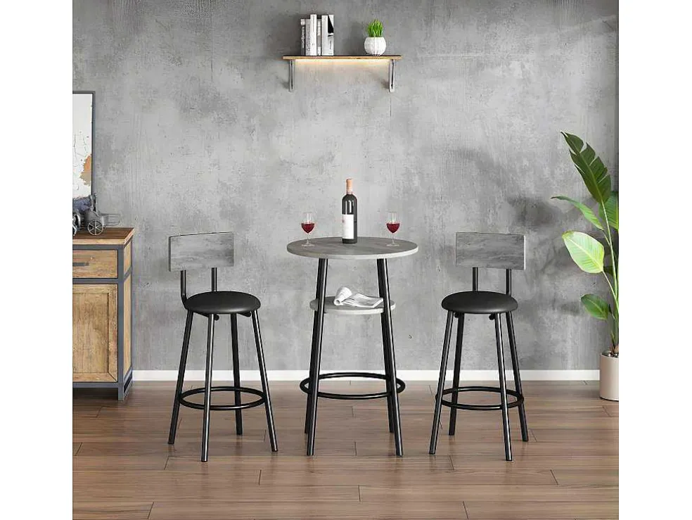 Staande Eettafel - 1 Tafel En 2 Krukken - Ronde Tafel Met Opbergplank - Zwart & Grijs