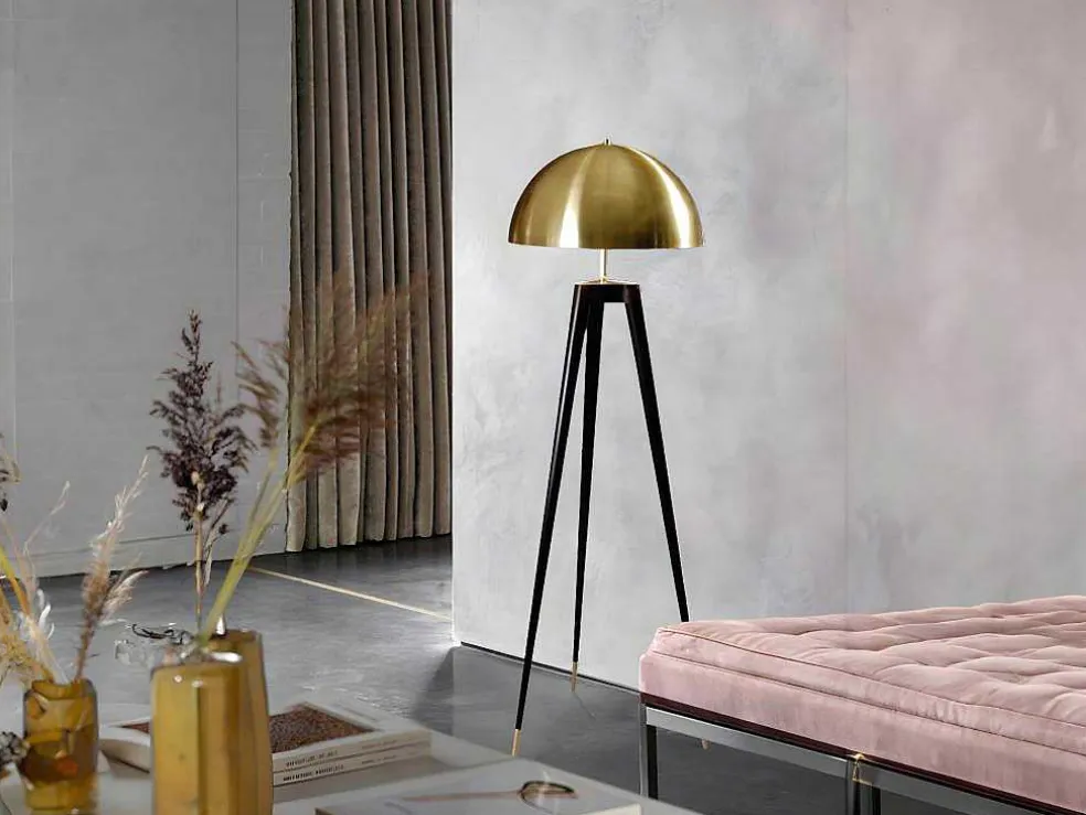 Staande Lamp Op Driepoot Van Metaal - H165 Cm - Zwart En Goudkleurig - Batley