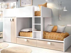 Stapelbed - Ingebouwde Kast - 2X90X190Cm - Wit En Eiken + Matras - Juanito