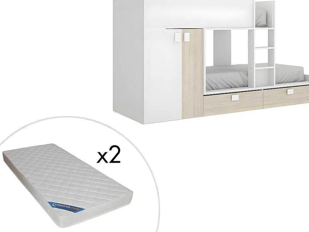 Stapelbed - Ingebouwde Kast - 2X90X190Cm - Wit En Eiken + Matras - Juanito