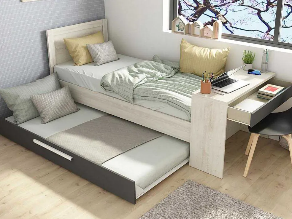 Stapelbed 2 X 90 X 200 Cm - Met Bureau - Kleur: Naturel En Antraciet - Vouani