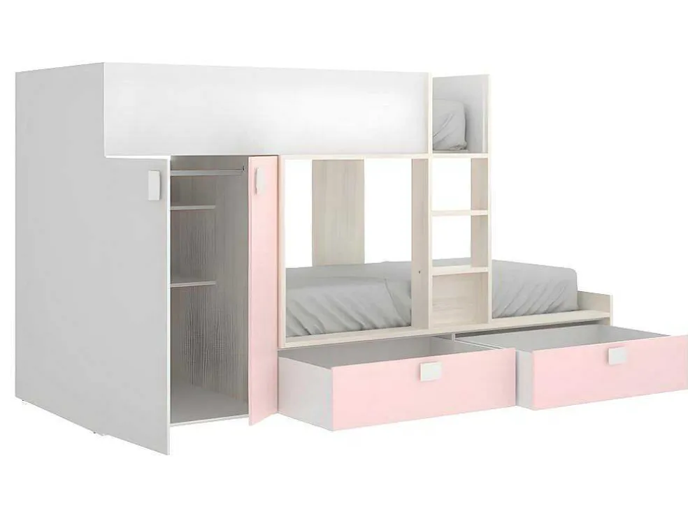 Stapelbed Juanito Met Ingebouwde Kast En Opbergruimte - 2X90X190Cm - Wit, Eiken En Roze