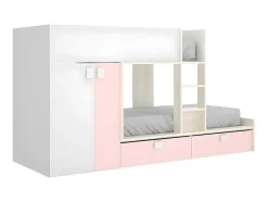 Stapelbed Juanito Met Ingebouwde Kast En Opbergruimte - 2X90X190Cm - Wit, Eiken En Roze