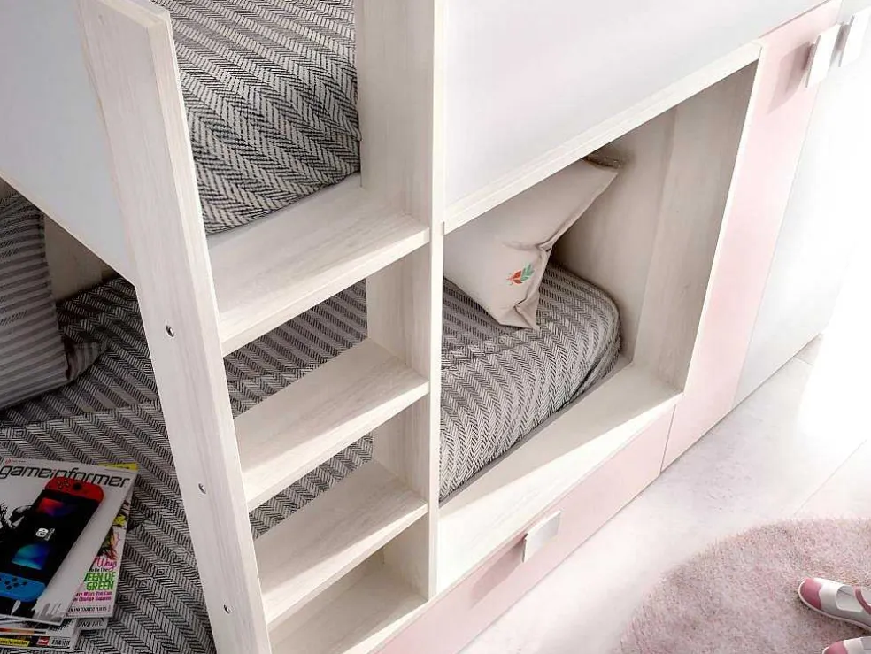 Stapelbed Juanito Met Ingebouwde Kast En Opbergruimte - 2X90X190Cm - Wit, Eiken En Roze