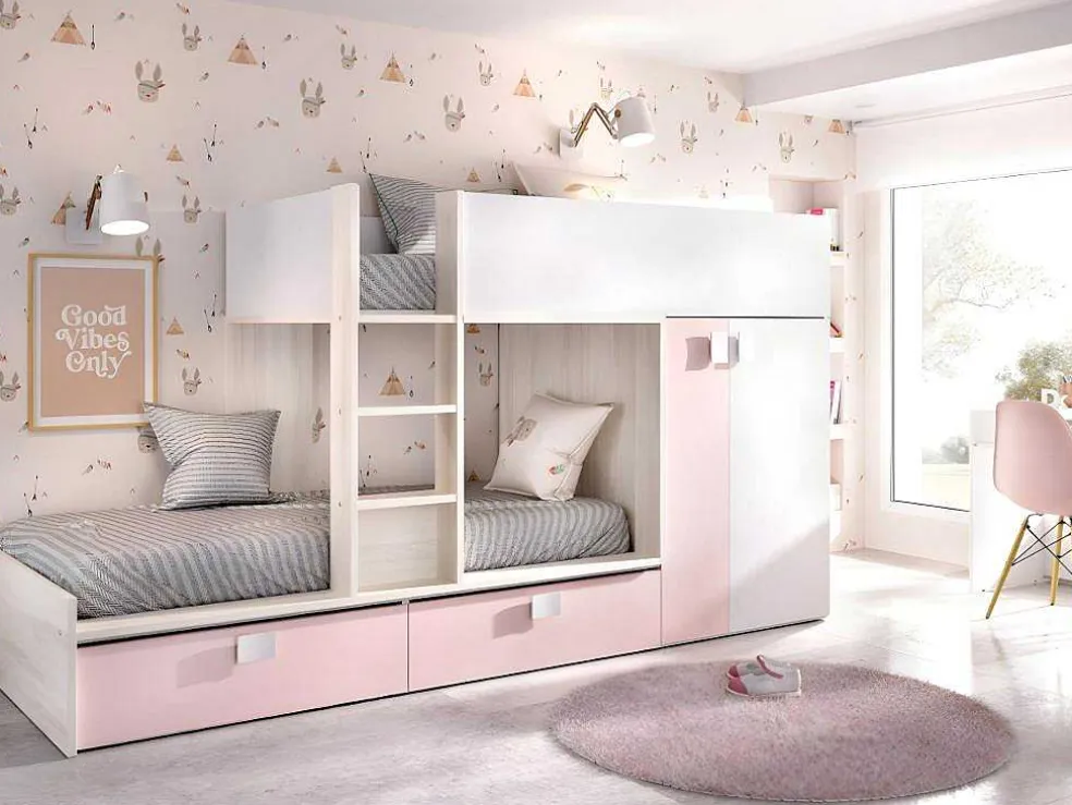 Stapelbed Juanito Met Ingebouwde Kast En Opbergruimte - 2X90X190Cm - Wit, Eiken En Roze